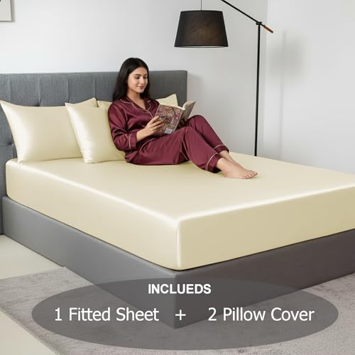 Image of Soft and Silk Satin Fitted Bedsheet for Single Size 36X75 +12 in - Elastic Fitted Sheet 400 TC Hotel Collection for Bedroom | Fitted Sheet with Pillow Cover - Ivory, Single Bed