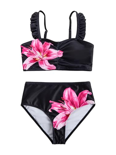 Image of RoseSeek Girl's 2 Piece Cherry Print Swimwear Ruffle Trim Ruched Bathing Suits Cute Swimsuits