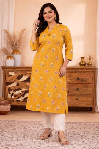 Image of Mustard Yellow Pure Cotton Floral Printed Straight Kurti for Women | Comfortable Ethnic Kurta | 3 /4 Sleeve Round Neck Plus Size Kurti