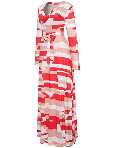 Locryz Women's V Neck 3/4 Sleeve Digital Floral Printed Party Loose Long Maxi Dress with Belt S-3XL (XXXL, Orange Red)