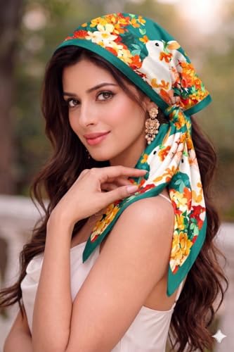 Image of Satin Square Head Scarf for Women, Floral Printed