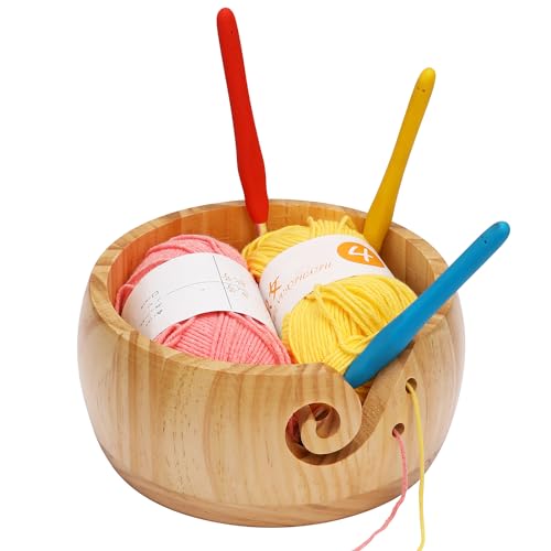 Wool Storage Bowl Yarn Storage Bowl Yarn Holder Gift with Lid Wooden Yarn Organizer Handmade Craft Crochet Bowl Holder with Holes