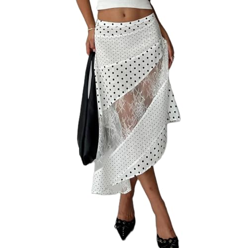Women Lace Patchwork Skirt Y2K Flowy Low Rise Irregular Hem Polka Dot Skirts Summer Vacation Beachwear