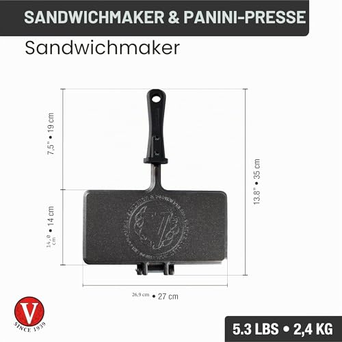VICTORIA Sandwichmaker aus gehärtetem Gusseisen, 27 x 14 cm, doppelseitige Sandwichpfanne, Panini-Maker-Toaster, Gusseisen gehärtet für eine antihaftende, giftfreie, PFOA-freie Oberfläche