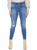 Royalty for Me Women's Petite Sustainable Wannabettabutt Mid Rise Jeans, Medium Blue Rips, 10P