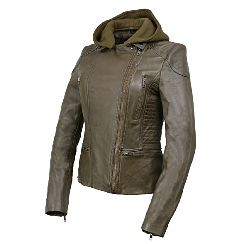 Milwaukee Leather Sfl2815 Women’s 'Hooded' Olive Leather Jacket With Asymmetrical Zipper - Medium #TOP4