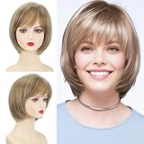TISHINING Short Blonde Bob Wigs for White Women Blonde Highlight Pixie Bob Wig with Bangs Layered Straight Bob Synthetic Hair Replacement Wigs for Daily Party Use