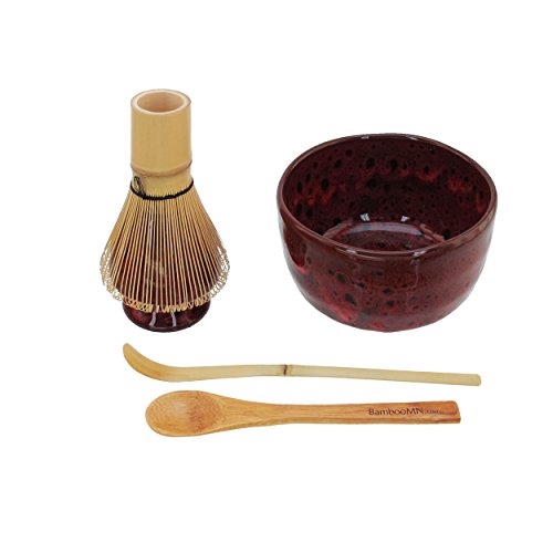 BambooMN Matcha Bowl Set (Includes Bowl, Rest, Tea Whisk, Chasaku & Tea Spoon) 1 Set Deep Red w/Black