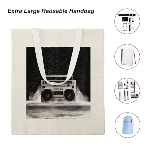 Nugier Shopping Tote Bag, USA Made Insulated Cooler Lunch Box Portable Handbag Thermal Reusable Bag Print 1980s Silver Retro Ghetto Blaster - Image 3