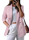 Happy Sailed Womens Plaid Blazers Fashion Work Suits Long Sleeve Double Breasted Open Front Tweed Blazer Jackets Professional Teacher Outfits for Work Pink L