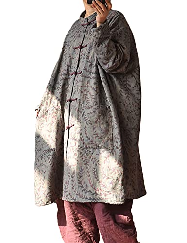NFYM Women Cotton Linen Loose Windbreaker Button Down Vintage Print Retro Long Coat with Pockets