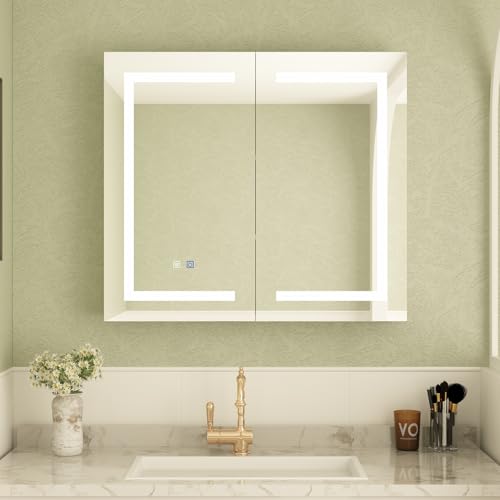 Botiquín para Medicinas con Espejo LED Iluminado y Función Anti-Vaho, Armario de Baño Empotrado en Pared con Estantes de Almacenamiento, Luces Ajustables, 2 Puertas, Blanco, 5,1" de Profundidad x 35,4" de Ancho x 31,5" de Alto miniatura 3