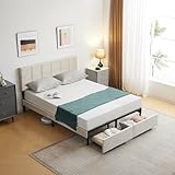 Karl home Upholstered Bed Frame Queen, Bed Frame with Headboard, Bedframe Upholstered Bed with 2 Drawers, No Box Spring Needed, Off-White