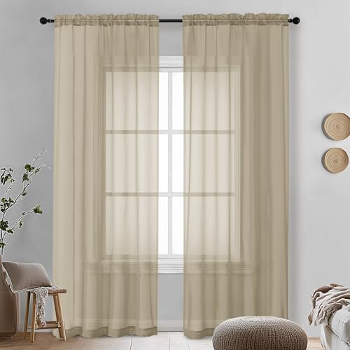 Image of OVZME Taupe Sheer Curtains 90 Inches Long 2 Panels - Soft Light Filtering Window Sheer Panels for Living Room /Bedroom, Top Dual Rod Pocket, 1 Pair, Each 42Wx90L Inches