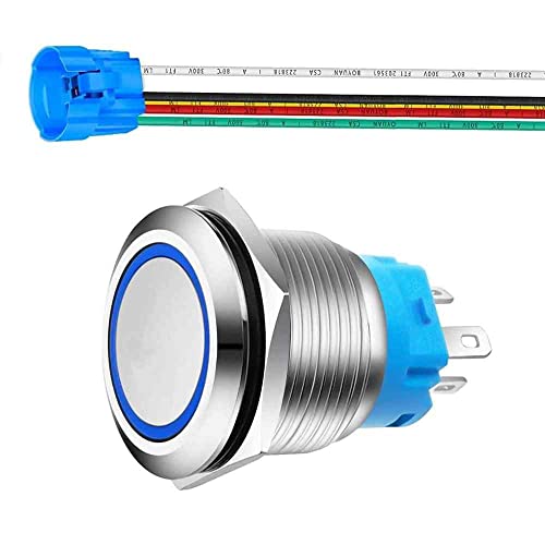 Pulsador momentáneo 22 mm, Interruptor de Bloqueo SPDT, Pulsador LED Bloqueo, Pulsador Interruptor de Encendido, Interruptor LED, 22 mm, ON/OFF. 220V-230V, 5A, Acero inoxidable, LED Azul