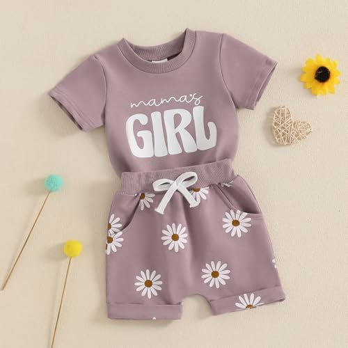 Mamas Girl Baby Girl Outfit Short Sleeve T-shirts Daisy Elastic Waist Shorts Set Summer Clothes3