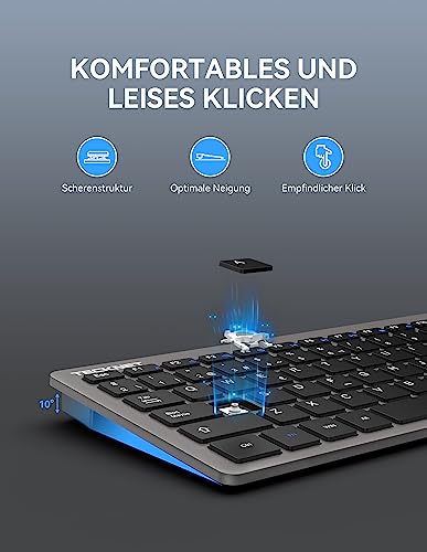 TECKNET Slim Kabellose Tastatur, Deutsches Layout QWERTZ, 2.4 GHz, 78 Tasten Mini Wireless Tastatur mit Nano USB Empfänger für Windows 11/10/8/7/Vista/XP and Android Smart TV - Grau 3