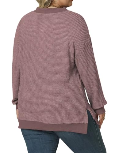 Image of DOLNINE Plus-Size-Tops for Women Casual V Neck Pullover Cute Waffle Knit Lantern Sleeve Sweaters Fashion Side Split Tunics