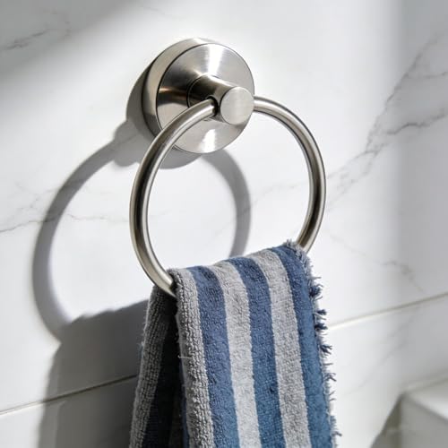 Brushed Nickel Bathroom Towel Ring, Stainless Steel Bathroom Towel Rack, Adhesive Wall Mounted Hand Towels Holder, Towel Hanger For Bathroom, Kitchen, Rv & Dorm - 7