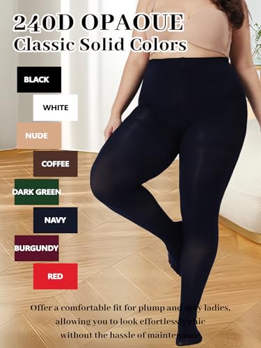 Image of Plus Size Opaque Tights for Women 240D Soft Solid Color Footed High Waist Control Top Pantyhose