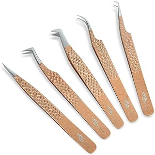ZAMAHA UK Lash Eyelash Extension Tweezers Set of 5, Japanese Stainless Steel Tools Straight Curved 45 90 Degree Angled Tip, Volume Tweezers Precision (Rosegold)
