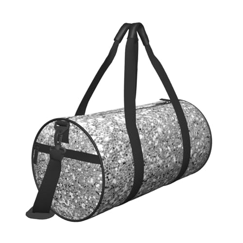 Silver Gray Grey White Faux Glitter Sequin Duffle Bag, High Capacity Round Sports Luggage Bag With Interior Organizer & Side Storage Pockets3