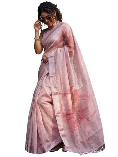 Image of AKHILAM Women's Floral Printed Handloom Cotton Silk Saree with Zari Border and Tassel Pallu Unstitched Blouse Piece | Traditional Ethnic Wear Sarees | Women saree silk | Festive Sari Women's