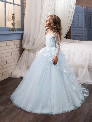 Flower Girl Dress for Wedding Long Sleeve Lace AppliquesTulle Pageant Dresses 3D Butterfly Princess Party Dresses2