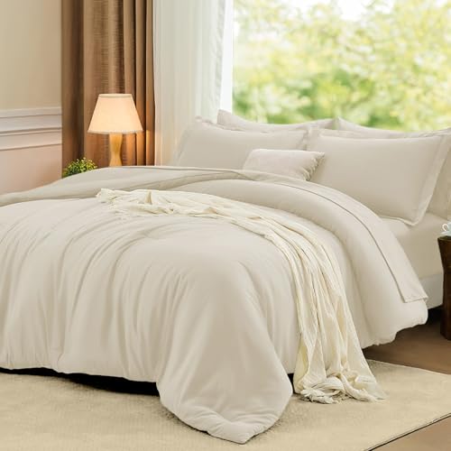 FUANNA Queen Comforter Set Cream White, 7 Pieces Soft Bedding