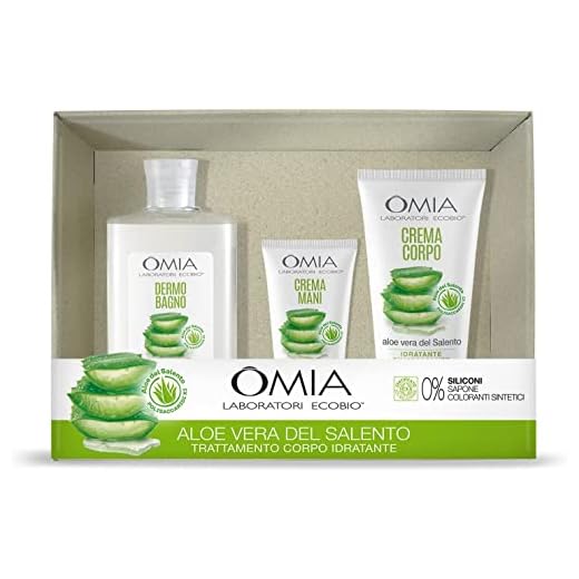 Omia Aloe Vera del Salento, Confezione Regalo Donna, Set Bagno, Cofanetto Corpo e Capelli con Crema Mani, Crema Corpo e Bagnoschiuma Dermo Bagno, Confezione da 3 pezzi