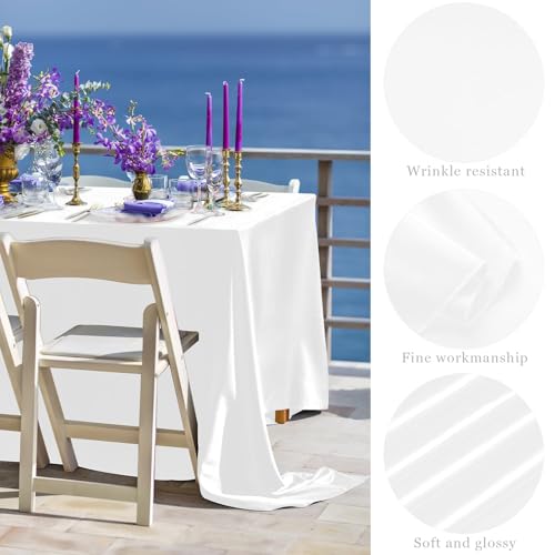 Image of TURSTIN 4 Packs Satin Tablecloth 102 x 58 Inch Overlay Satin Table Cover Rectangle Bright Silk Tablecloth Smooth Fabric Table Decoration for Wedding Banquet Party Events, White