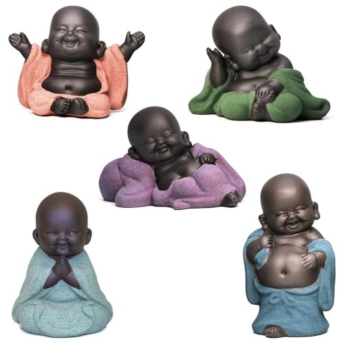 Colección de 5 estatuas de Buda sonriente de cerámica miniatura 4