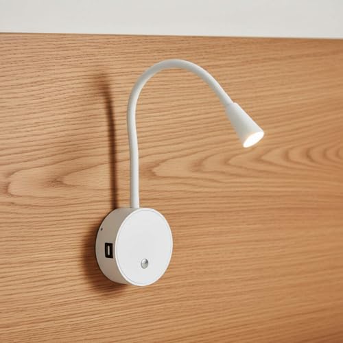 Image of White Flexible LED Reading Light 3W – 2 x USB Charging Ports - 3000K Warm White, 120lm, Adjustable Gooseneck Reading Lamp, Integrated Touch Switch, Aluminium, IP20 - 3 Year Guarantee