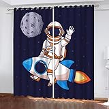 Vorhang Blickdicht mit Ösen Astronaut Rakete Verdunkelungsvorhang 2er Set Weltraumuniversum Polyester Schallschutz Gardinen für Jungen Mädchen Jugendzimmer Dekoration vorhänge B 140 X H 160 cm