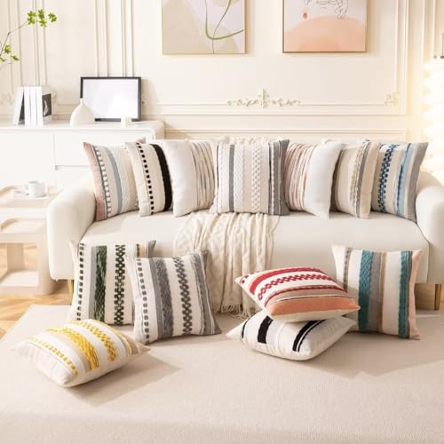 Wanlird PILLOWCOVER-2SET-GRAY-18X18 Boho Throw Pillow Covers 18X18 Set Of 2 Farmhouse Decorative Cushion Case Striped Square Pillows Cover Chenille Pillow Cases Accent Neutral Pillowcase thumb #5