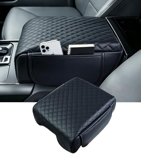 Image of Center Console Cover for Ford F150 2026 2025 2024 2023 2022 2021, Fits Bucket Seat Only, 1.2-Inch Thick PU Leather Armrest Cushion Protector with 2 Side Pockets for 2021-2026 F-150, Black