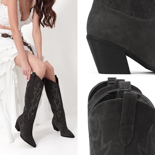 Image of iiimmu Cowgirl Boots Women Knee High Boots Pointed Toe and Block Heel Cowboy Suede and Faux Leather Boots with Embroidered