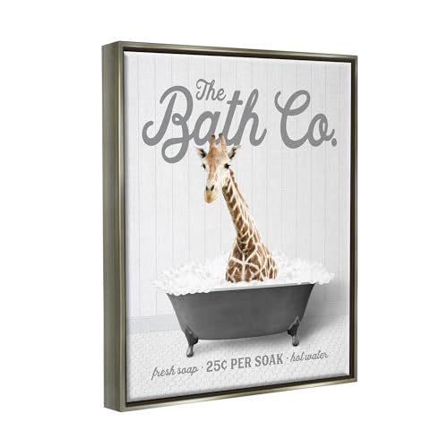 Image of Giraffe Bubble Bath Bathroom Humor, 24 x 30 Inch Canvas in Floater Frame | Stupell Industries . By Lettered and Lined . Ready to hang once unboxed . Fun gift for bathroom decor . Made in USA