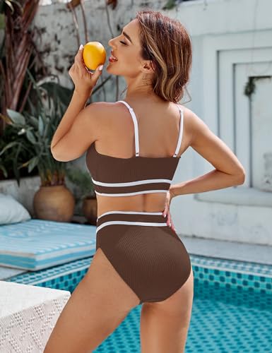 Image of BMJL Women's High Waisted Bikini Ribbed Two Piece Swimsuit High Cut Color Block Adjustable Straps Bathing Suit