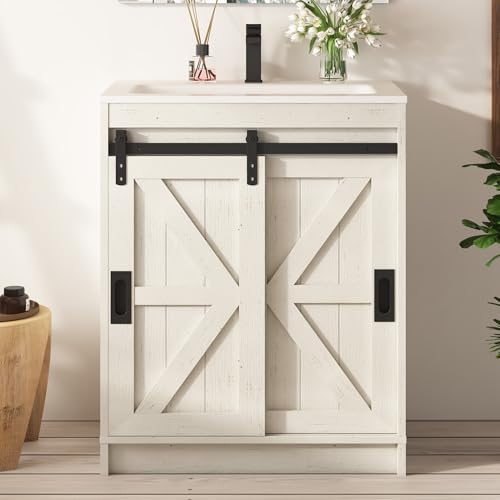 LUXOAK 24'' Farmhouse Bathroom Vanity with Sink, Freestanding Small Bathroom Vanity Cabinet, Single Sink Combo with Sliding Barn Doors, U-Shaped Storage Shelf, Distressed White