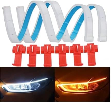 Set of 2 Sequential Flow Universal Ultra-fine 60cm DRL | Daytime Running Light | Flexible | Soft | Tube Guide Car LED Strip | White and Yellow Color (WITH 6 PCS SCOTCH LOCK CRIMP CONNECTOR)