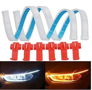 SONSOU Set of 2 Sequential Flow Universal Ultra-fine 60cm DRL | Daytime Running Light | Flexible | Soft | Tube Guide Car LED Strip | White and Yellow Color (WITH 6 PCS SCOTCH LOCK CRIMP CONNECTOR)