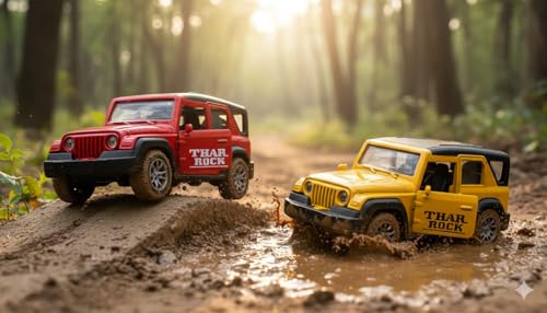 Image of Pull Back Thar Rock Jeep Toy Car for Kids | Metal Body SUV with Opening Doors, Lights & Sound | Off-Road Die-Cast Vehicle Toy for Boys & Girls