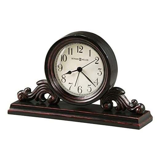 Howard Miller Bishop Table Clock 645-653 – Decorative Metal & Wood Worn Black Finish, Red Undertones, Vintage Home Decor, Felt Bottom, Quartz Alarm Movement