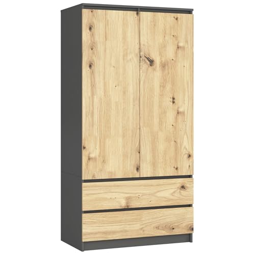 AKORD Armoire 2 Portes | Armoir Chambre 2 Tiroirs avec Etagères et Une Tringle | 90x180x51 cm| Armoire sans Penderie Chambre | Dressing Rangement Placard |...