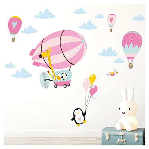 Little Deco DL365 - Adhesivo Decorativo para Pared Infantil, diseño de Jirafa con pingüino y Globos, Color Rosa, L - 151 x 79 cm (BxH)