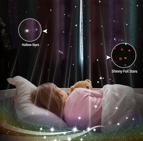 Image of 52x45 2-in-1 Double-Layer Kids & Girls Unicorn Princess Ombre Blackout Curtains with Foil Print Sheer, 2 Panels Set - Purple Green Pink