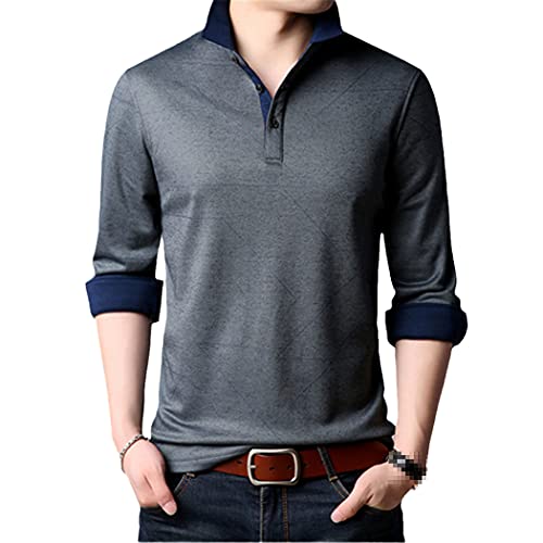 Polo de moda para hombre, camisas de polo de manga larga, estilo sólido, ajustado, para hombre, gris, M
