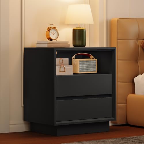 Image of TEENFON Night Stand with 2 Drawers and Open Shelf, Nightstand Bedside Table with Cut-Out Handle, End Table for Bedroom, Black, 17.7″ L x 15.7″ W x 23.6″ H