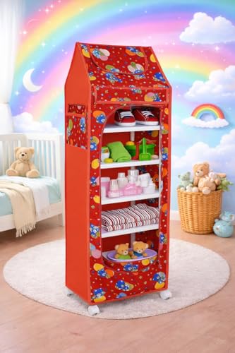 YouCopia Baby Wardrobe Plastic Kids Storage Rack with Fabric Cover & Wheels | 6-Tier Plastic Shelves Organizer | Toy, Book & Clothes Storage Cabinet for Kids Room (Red)